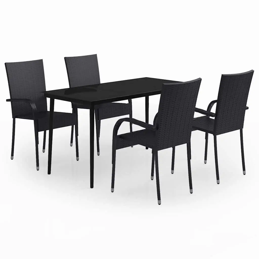 Garden Dining Set Black Steel Rattan Chairs Glass 5 Piece