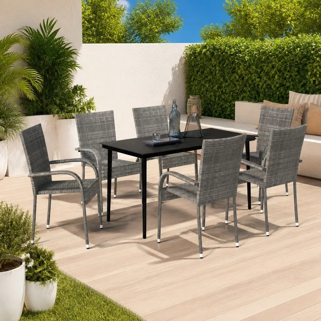 Outdoor Garden Dining Set Steel Rattan 7 Piece Grey Black Glass Table