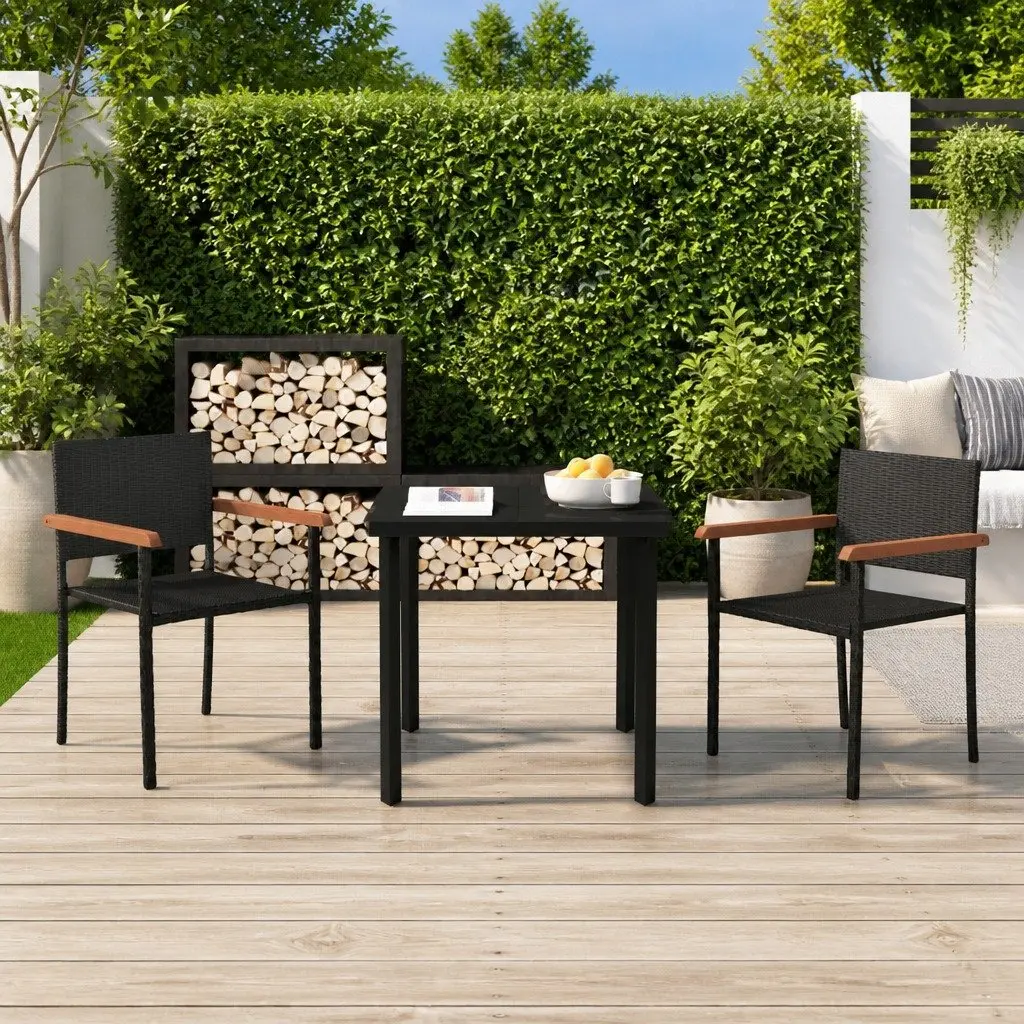 Garden Dining Set 3 Piece Powder-Coated Steel Water-Resistant PE Rattan Black Outdoor Patio Furniture Table Chairs