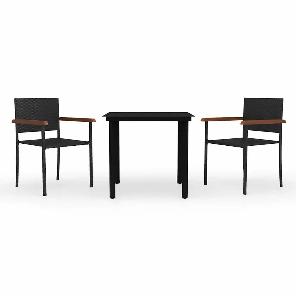 Garden Dining Set 3 Piece Powder-Coated Steel Water-Resistant PE Rattan Black Outdoor Patio Furniture Table Chairs