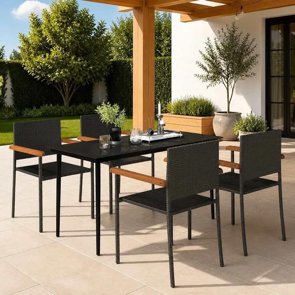 5 Piece Garden Dining Set Powder-coated Steel Frame Water-resistant PE Rattan Black