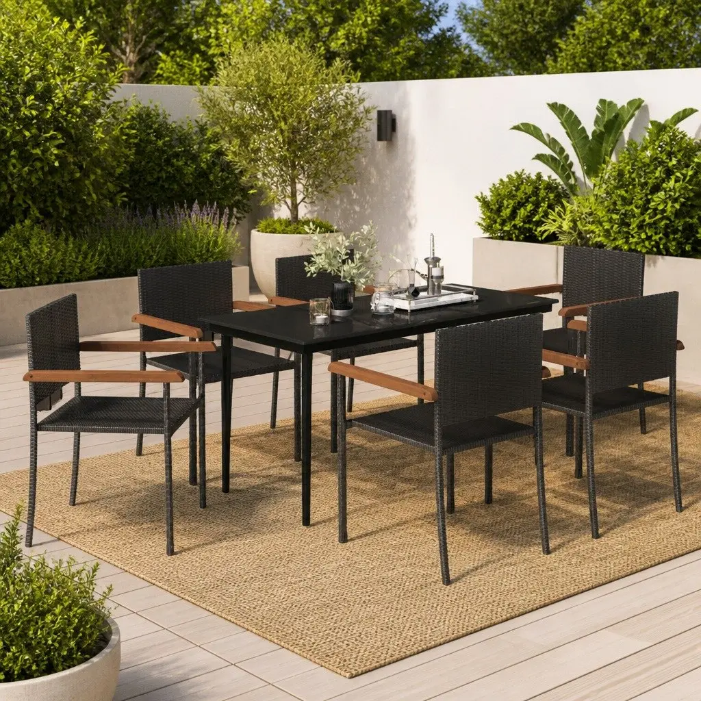 7 Piece Outdoor Garden Dining Set Powder-coated Steel Frame Water-resistant PE Rattan Black