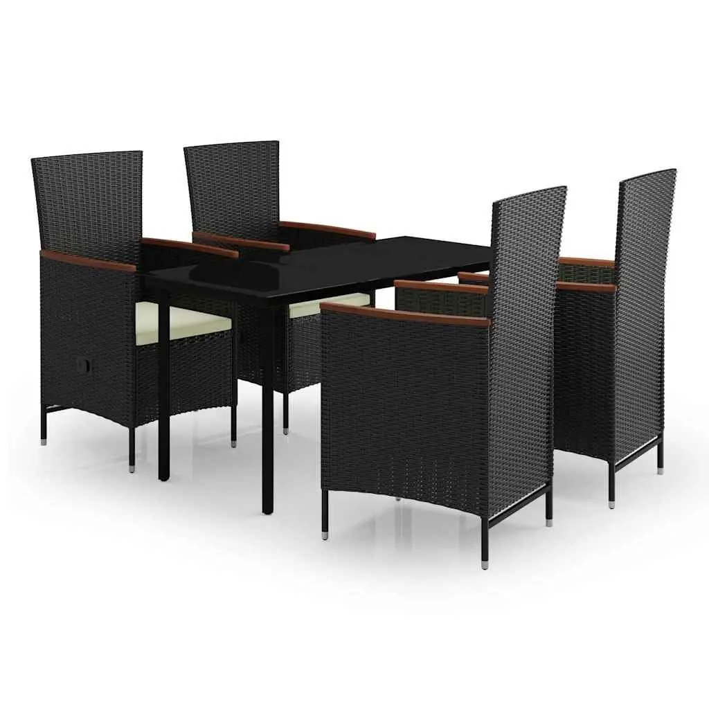 5 Piece Outdoor Dining Set Patio Furniture Black Rattan Chairs Steel Frame with Adjustable Backrests Glass Top