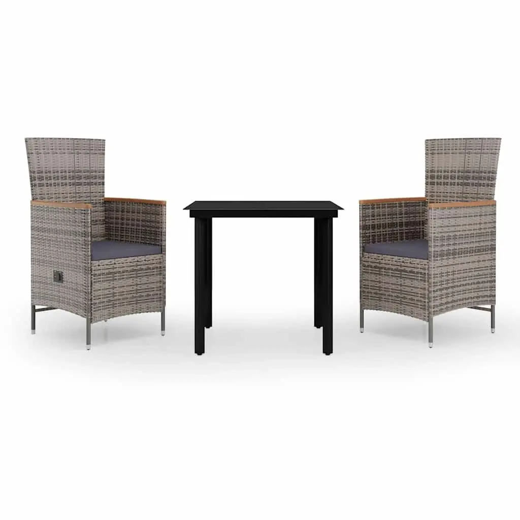 Garden Dining Set 3 Piece Powder-coated Steel PE Rattan Glass Table Chairs Cushions Grey