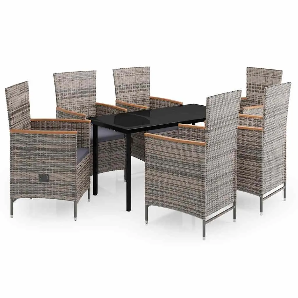 7 Piece Garden Dining Set Grey Outdoor Patio Furniture with Cushions Glass Top