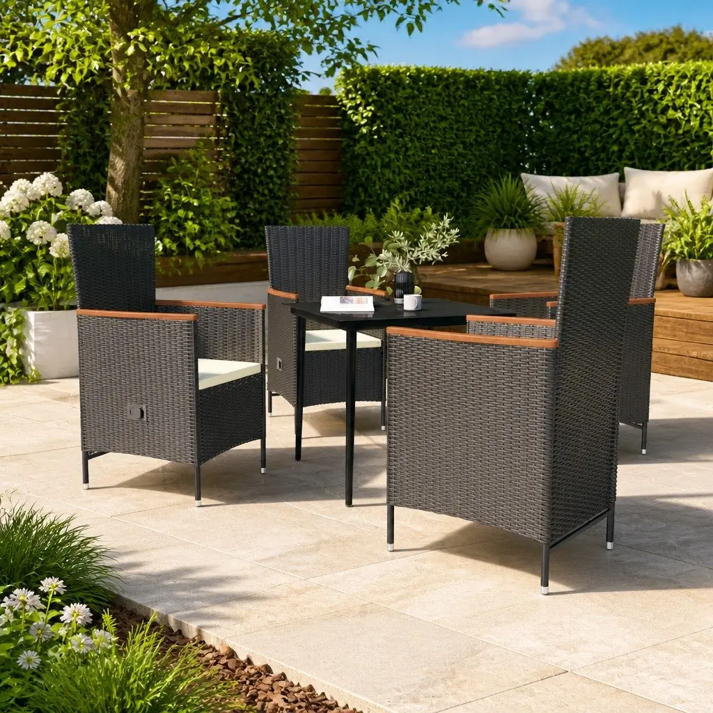 Outdoor Dining Set Black Rattan Chairs Tempered Glass Table 5 Piece Garden Furniture