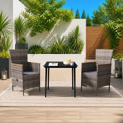 Garden Dining Set 3 Piece Outdoor Furniture Grey Rattan Chairs Glass Table