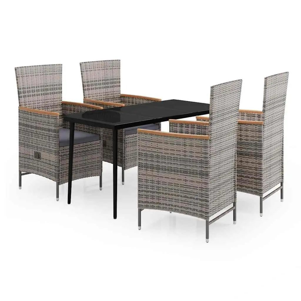 5 Piece Garden Dining Set Powder-coated Steel Grey Rattan Chairs Glass Table
