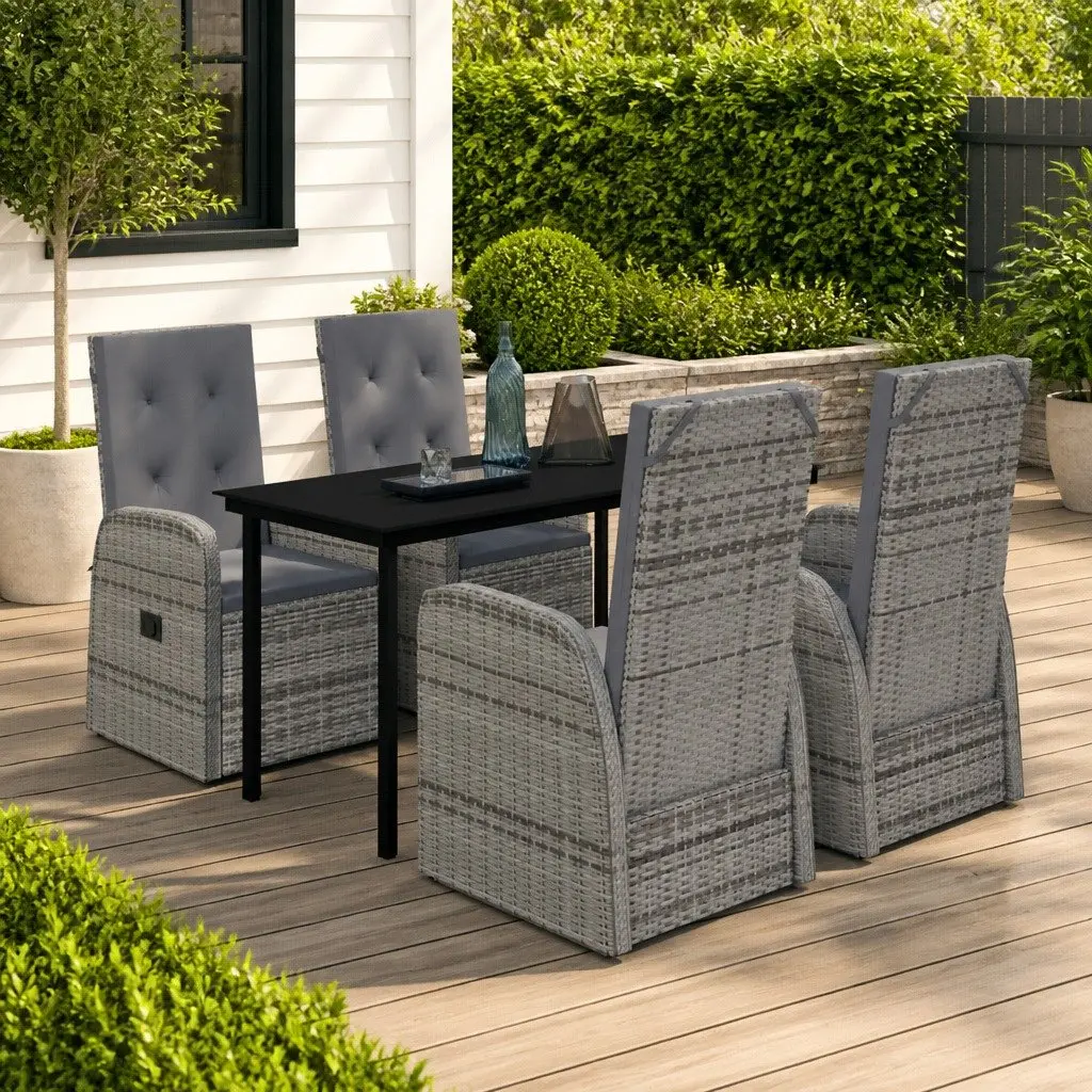 5 Piece Garden Dining Set Powder-coated Steel Grey Rattan Chairs Glass Table