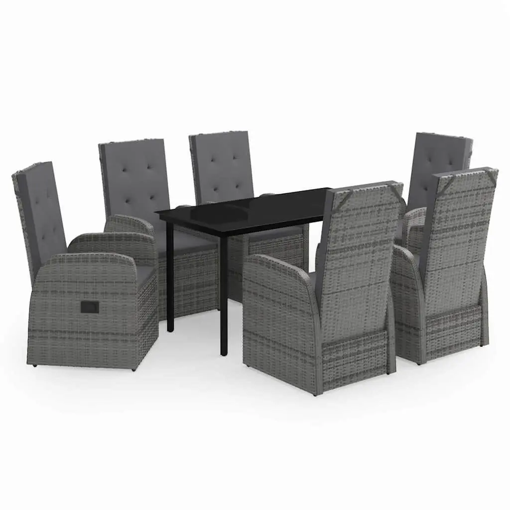 Garden Dining Set 7 Pieces Grey PE Rattan Chairs with Glass Top Table Powder Coated Steel Frame Outdoor Patio Furniture