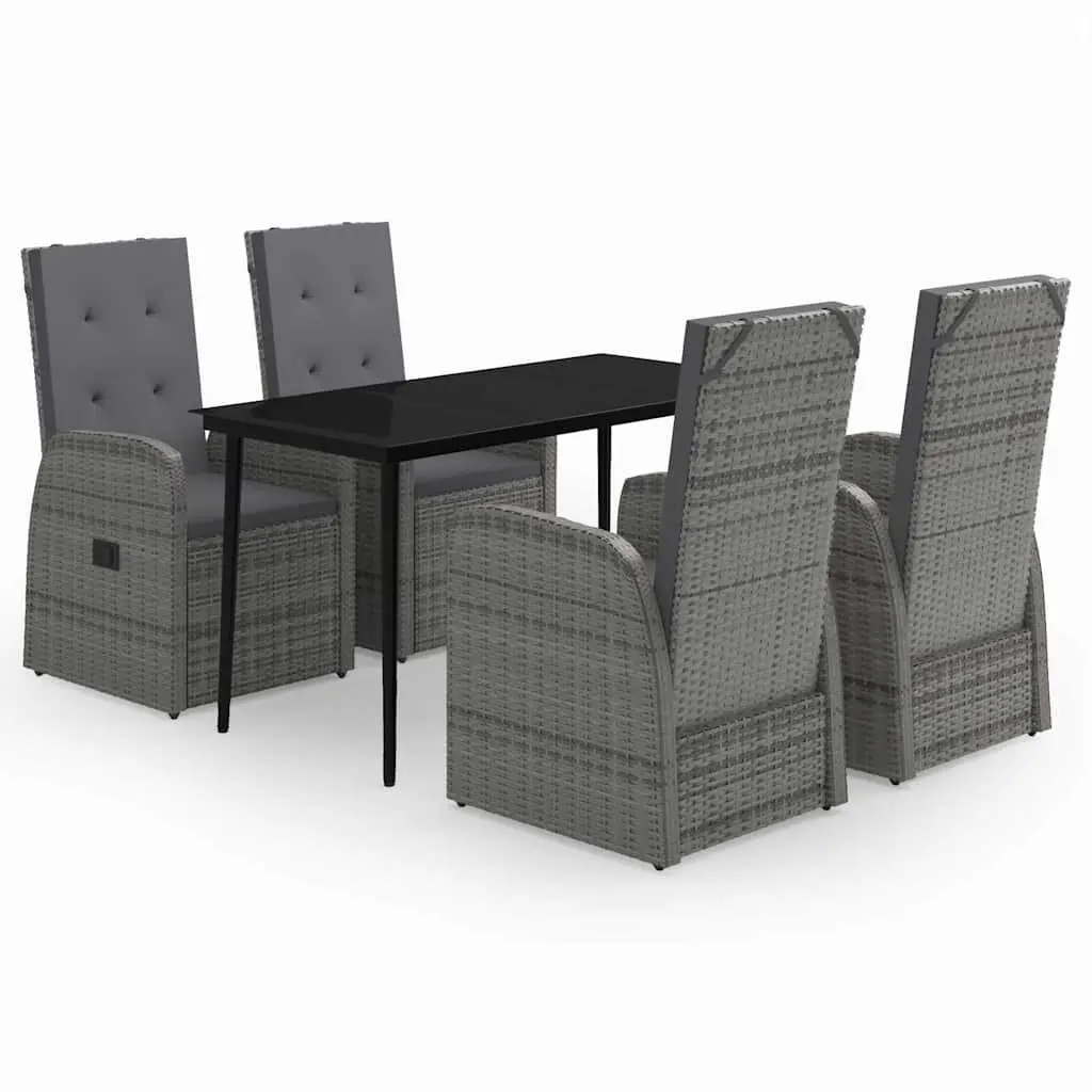 5 Piece Garden Dining Set Powder-coated Steel Grey Outdoor Patio Furniture Table with Glass Top and PE Rattan Chairs with Cushions