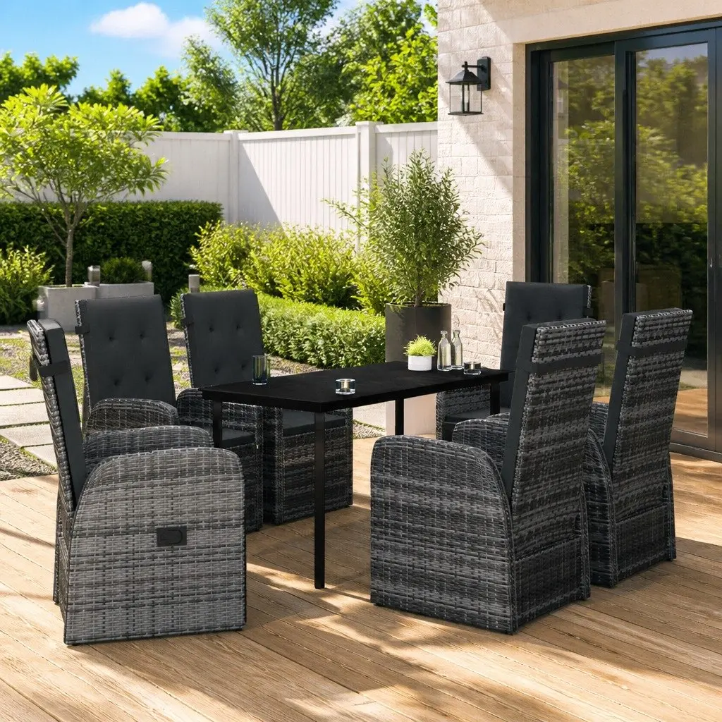 7 Piece Garden Dining Set Outdoor Furniture Powder-Coated Steel PE Rattan Grey with Cushions
