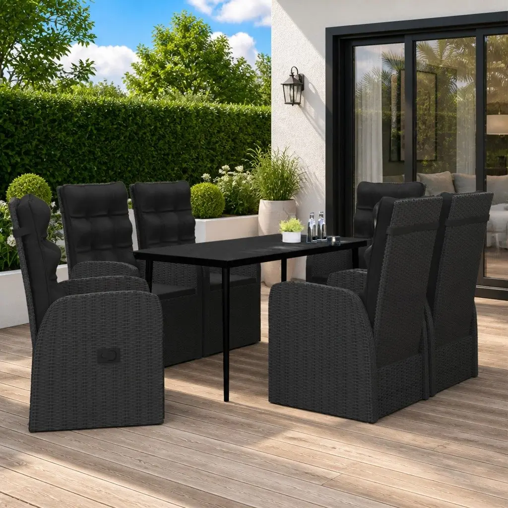 7 Piece Outdoor Garden Dining Set Black Rattan Chairs Glass Table Cushions