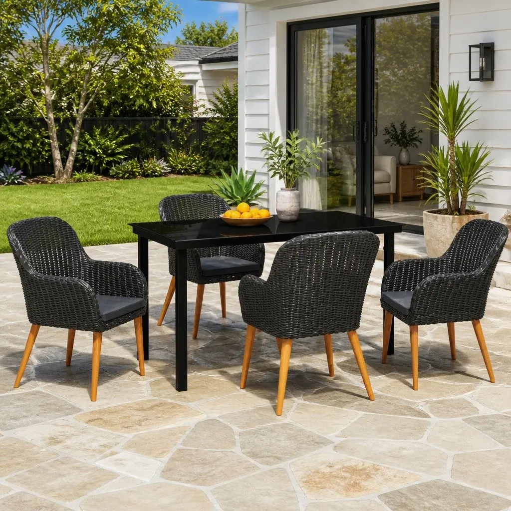 5 Piece Outdoor Garden Dining Set Black Rattan Chairs Glass Table Cushions