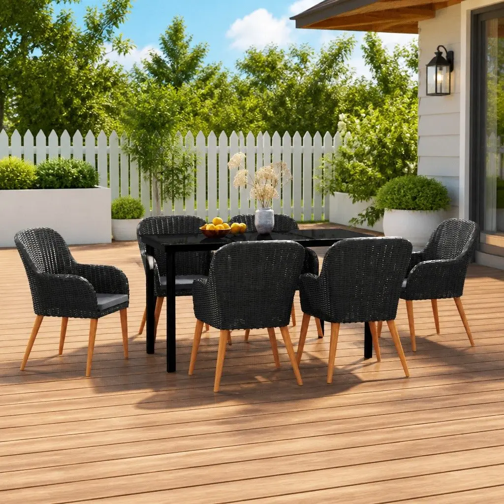 7 Piece Outdoor Garden Dining Set Steel Rattan Cushions Black