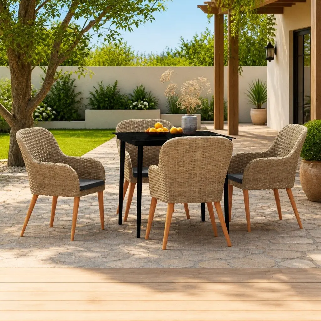 Outdoor Dining Set 5 Piece Brown PE Rattan Chairs Powder Coated Steel Frame Glass Top Table with Cushions