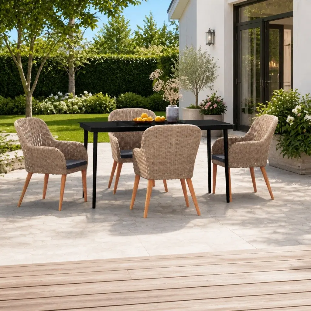 5 Piece Garden Dining Set Brown Water-Resistant Rattan Steel Frame with Cushions