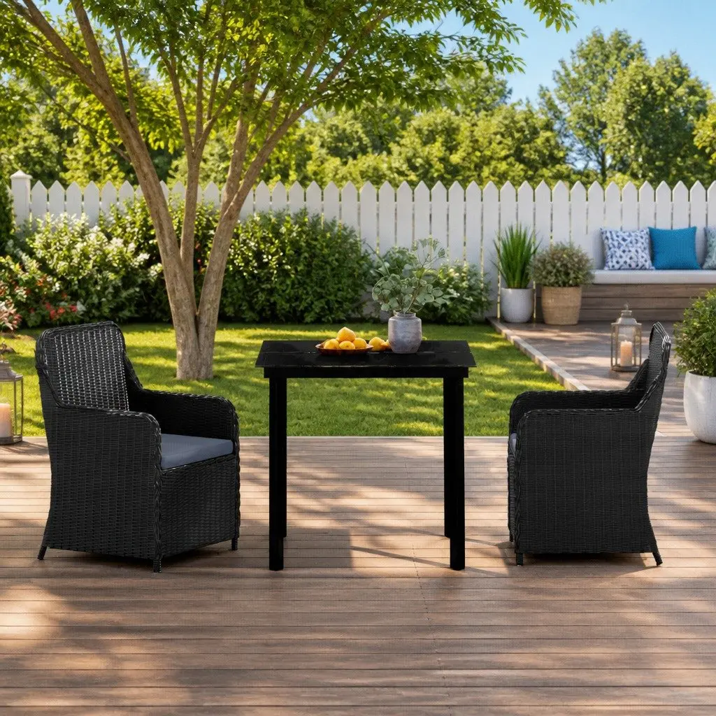 3 Piece Outdoor Dining Set Patio Chairs Table with Cushions Water Resistant PE Rattan Black Powder Coated Steel Frame Tempered Glass Top