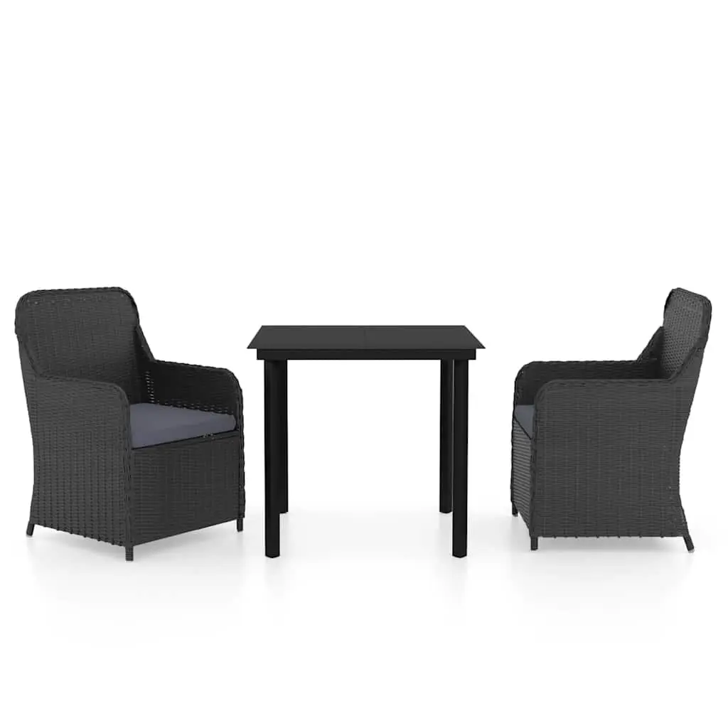 3 Piece Outdoor Dining Set Patio Chairs Table with Cushions Water Resistant PE Rattan Black Powder Coated Steel Frame Tempered Glass Top