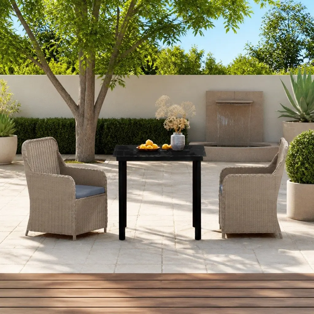 Garden Dining Set Powder-coated Steel 3 Piece Outdoor Furniture Brown PE Rattan Table Chairs with Cushions