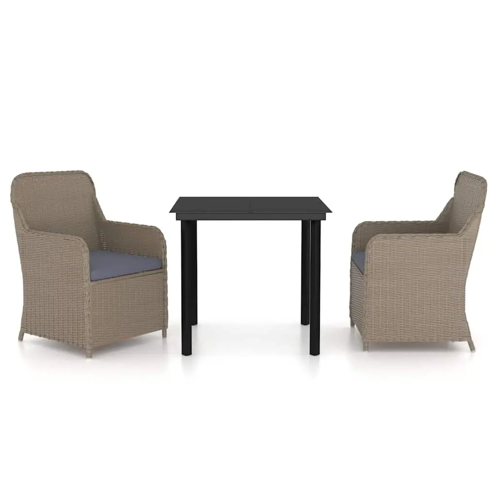 Garden Dining Set Powder-coated Steel 3 Piece Outdoor Furniture Brown PE Rattan Table Chairs with Cushions
