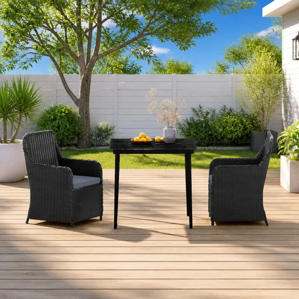 Garden Dining Set 3 Piece Powder-coated Steel PE Rattan Table Chairs with Cushions Black
