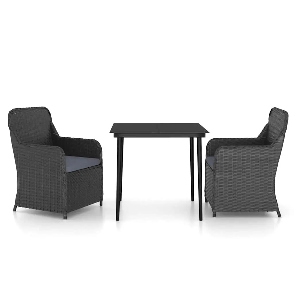 Garden Dining Set 3 Piece Powder-coated Steel PE Rattan Table Chairs with Cushions Black
