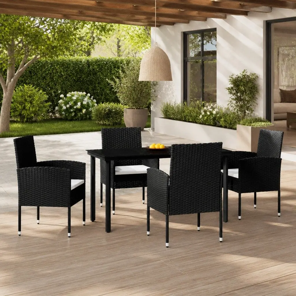 Garden Dining Set Steel Frame Rattan Chairs Glass Top Black 5 Piece