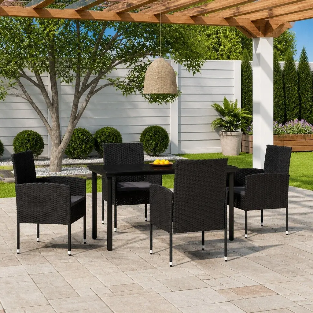 5 Piece Garden Dining Set Black Glass Table PE Rattan Chairs Steel Frame Outdoor