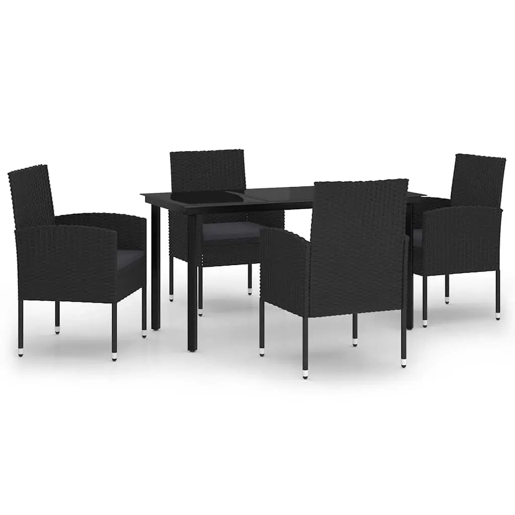5 Piece Garden Dining Set Black Glass Table PE Rattan Chairs Steel Frame Outdoor