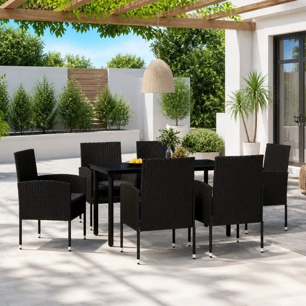 7 Piece Dining Set Steel Frame Black Glass Top Outdoor Garden Furniture with PE Rattan Chairs