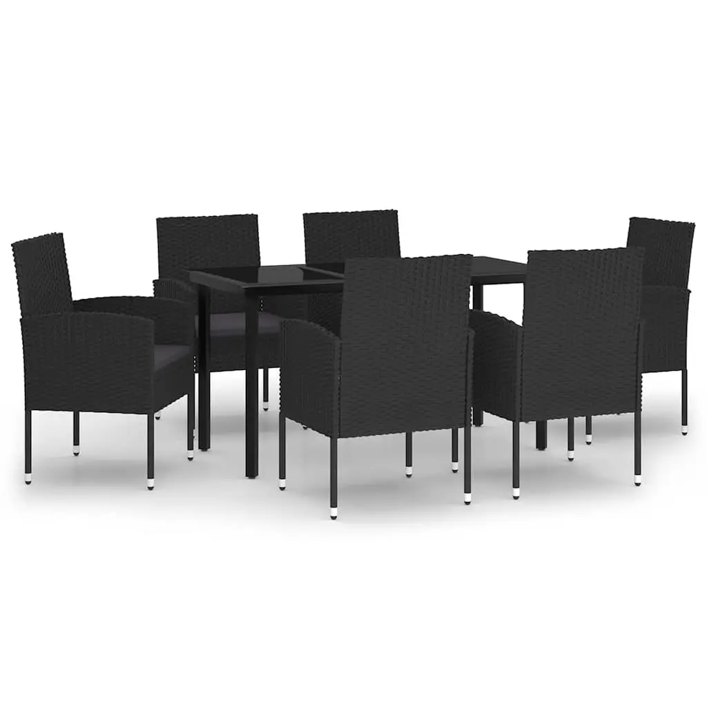 7 Piece Dining Set Steel Frame Black Glass Top Outdoor Garden Furniture with PE Rattan Chairs