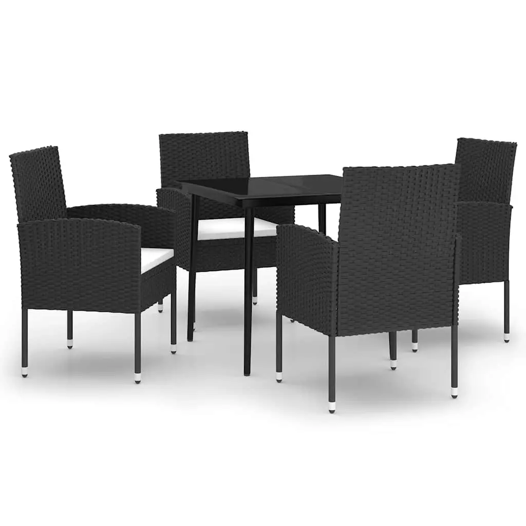 Garden Dining Set Steel Frame 5 Piece Black Glass Table PE Rattan Chairs