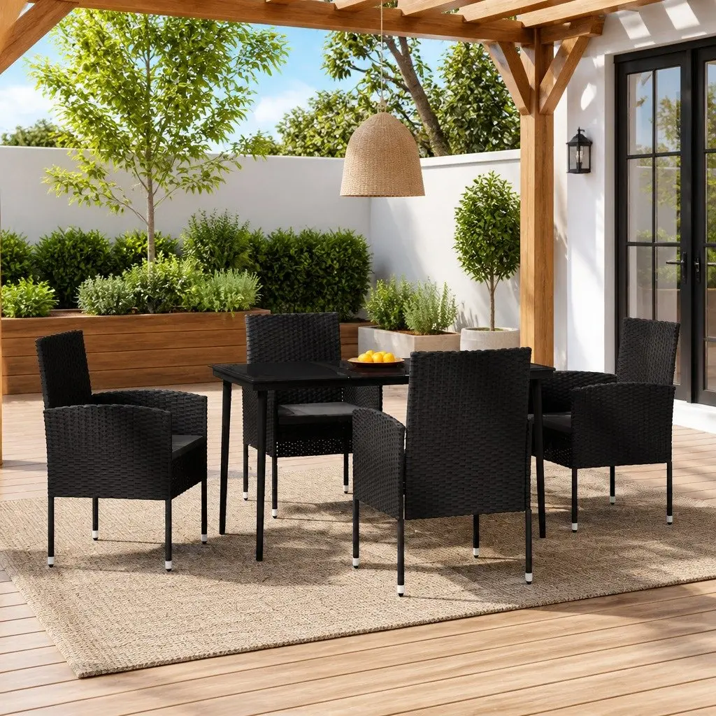 5 Piece Outdoor Dining Set Steel Frame Glass Table Black Rattan Chairs
