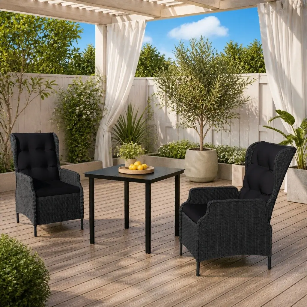 Garden Dining Set Steel Frame 3 Piece Grey Outdoor Patio Furniture Reclining Chair Glass Table