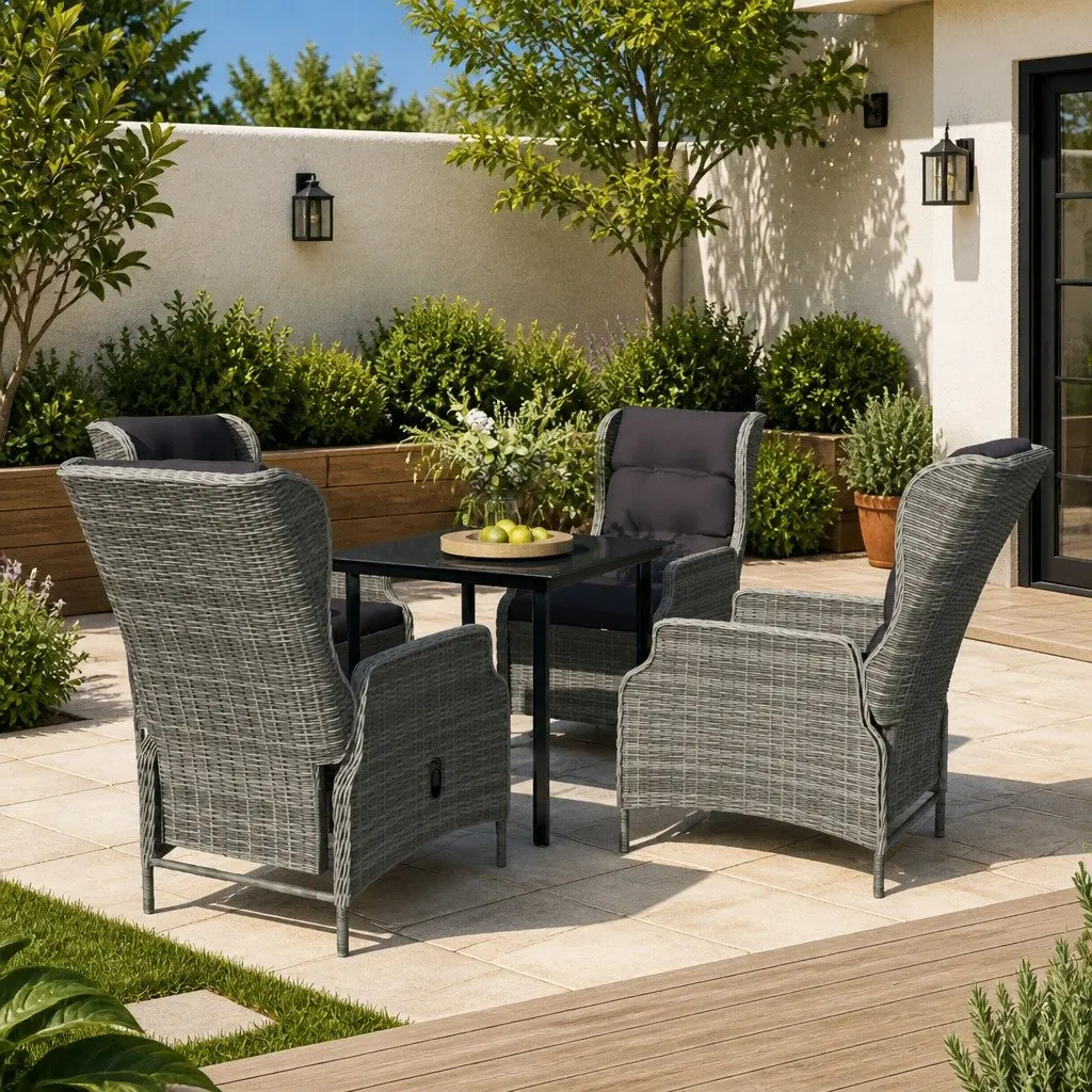 5 Piece Patio Dining Set Grey Steel Frame Rattan Chairs with Glass Table