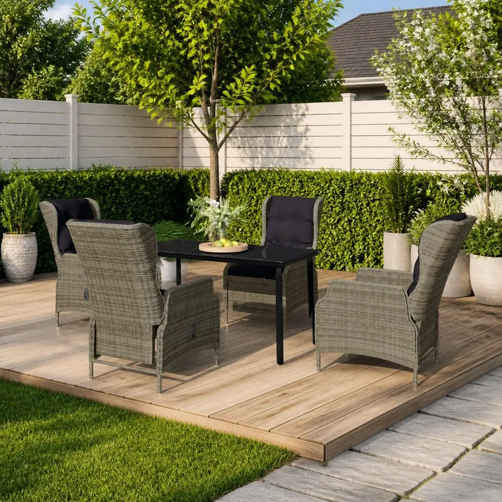 5 Piece Outdoor Garden Dining Set Steel Frame Reclining Chairs Glass Table Brown