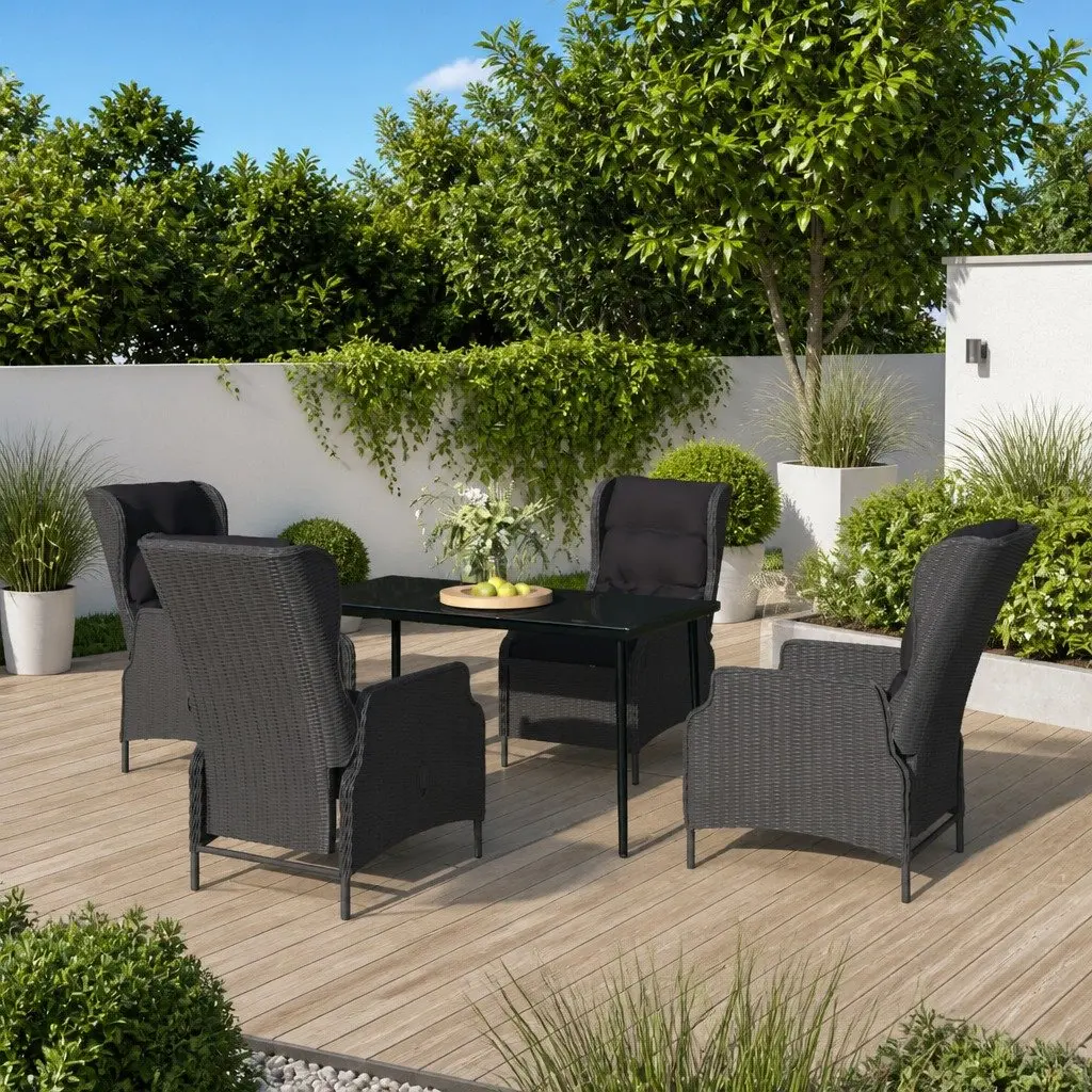 5 Piece Outdoor Dining Set Steel Frame Grey PE Rattan Reclining Chairs Glass Table