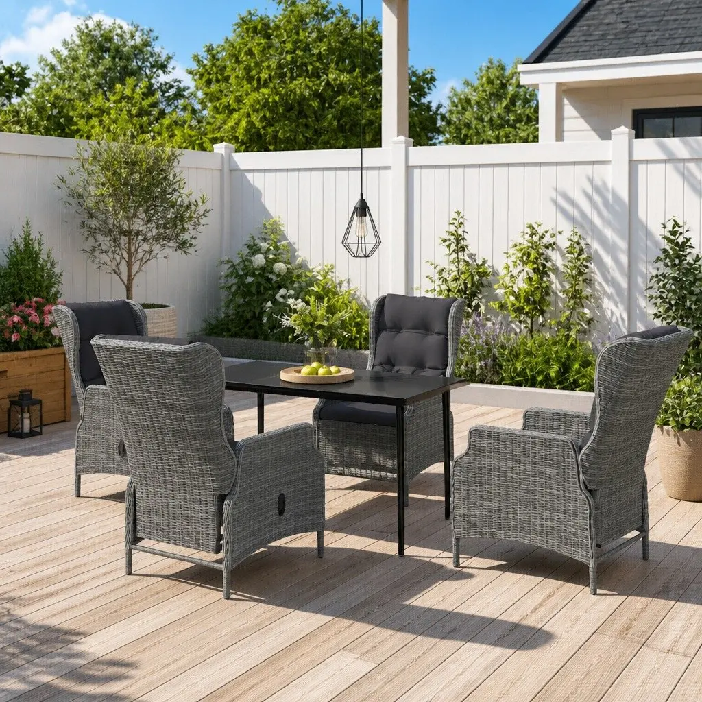 Garden Dining Set Steel Frame Grey 5 Piece Outdoor Furniture with Glass Table and Reclining Chairs