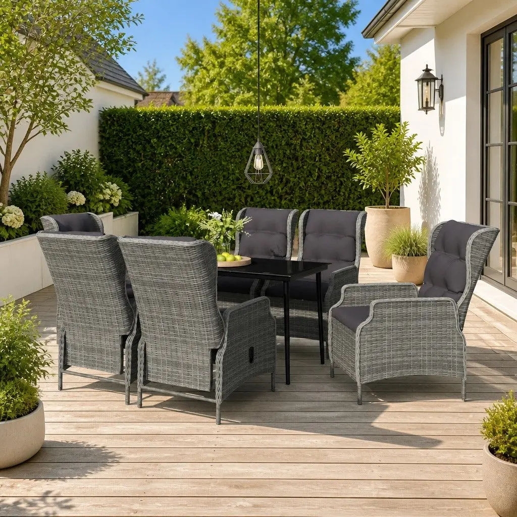 7 Piece Outdoor Garden Dining Set Steel Frame PE Rattan Chairs Glass Table Grey