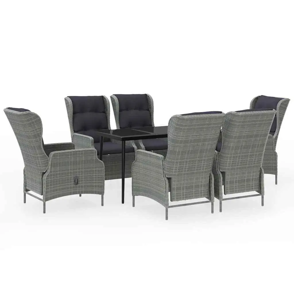 7 Piece Outdoor Garden Dining Set Steel Frame PE Rattan Chairs Glass Table Grey