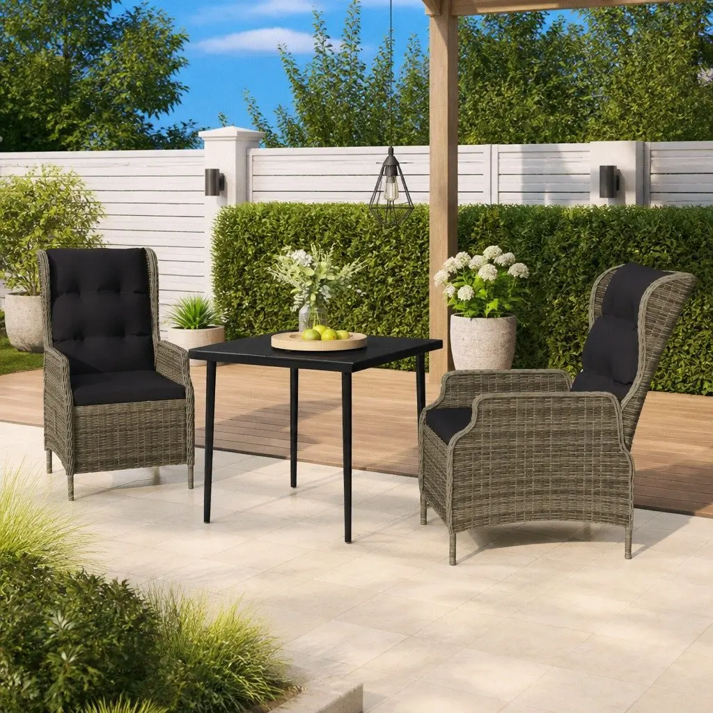 Garden Dining Set 3 Piece Steel Frame PE Rattan Reclining Chairs Glass Table Brown