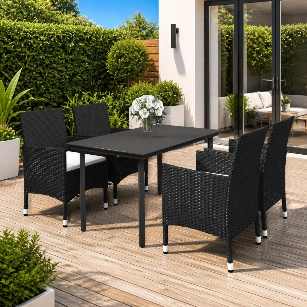 Outdoor Dining Set Black Rattan Chairs Glass Tabletop 5 Piece Powder Coated Steel Frame