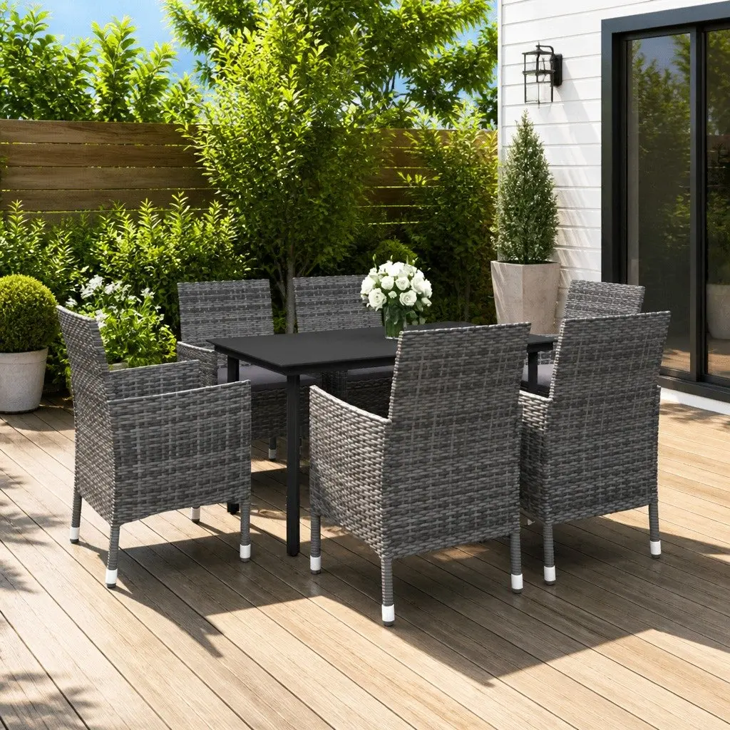 Garden Dining Set 7 Piece Outdoor Furniture PE Rattan Glass Table Chairs Grey