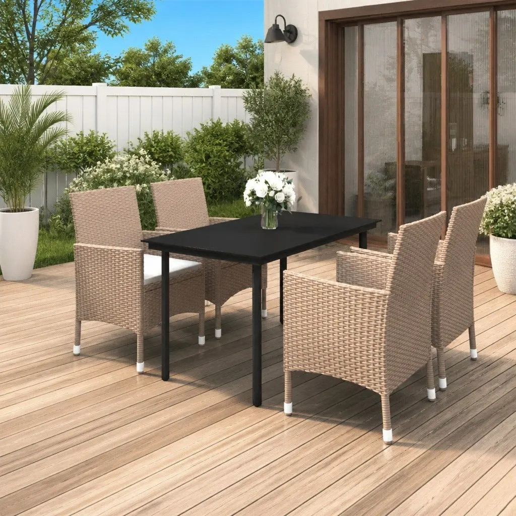 Garden Dining Set 5 Piece Outdoor Furniture Poly Rattan Glass Table Chairs Beige
