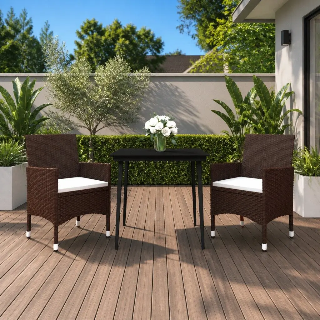 Garden Dining Set 3 Piece Brown PE Rattan Steel Frame Glass Table Chairs