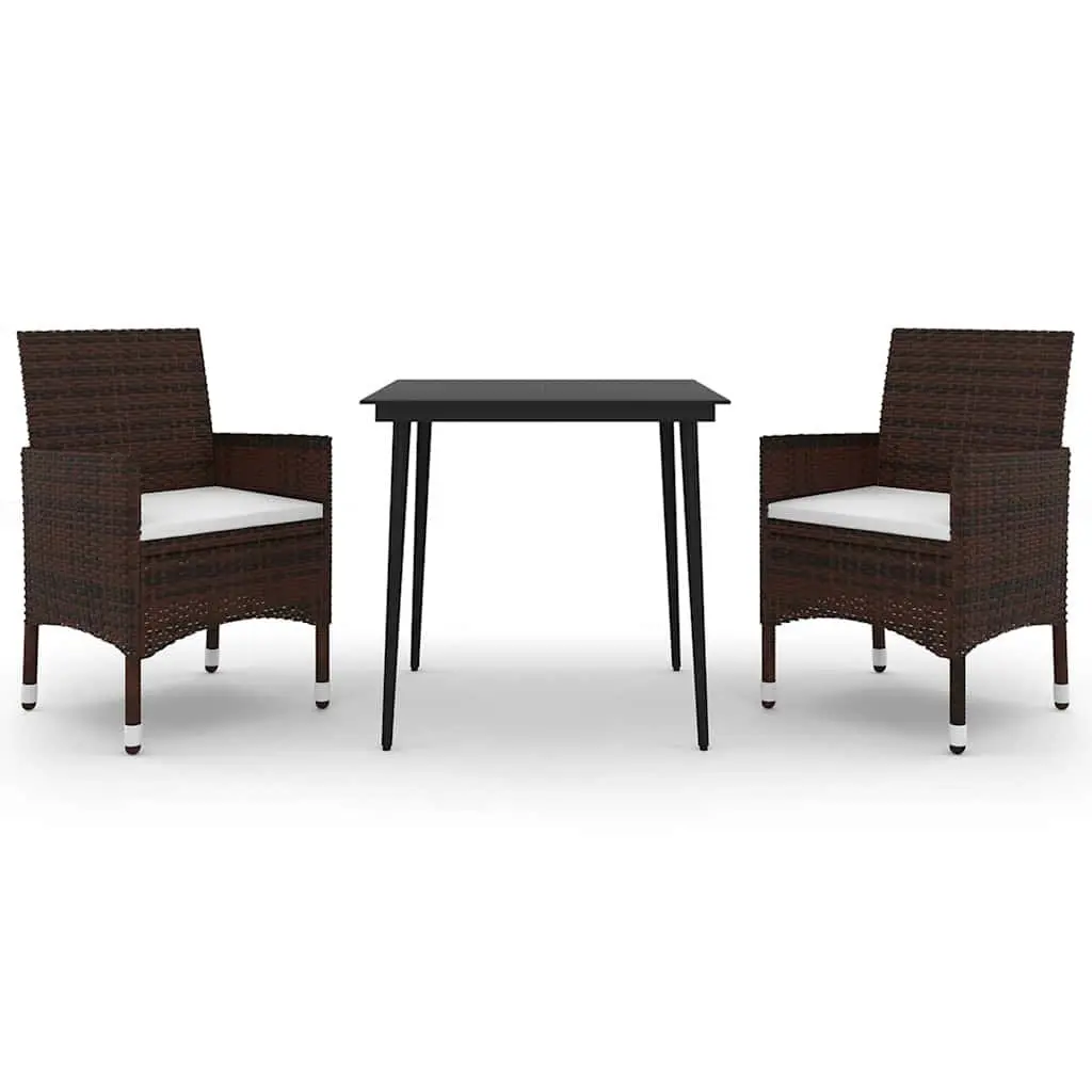 Garden Dining Set 3 Piece Brown PE Rattan Steel Frame Glass Table Chairs
