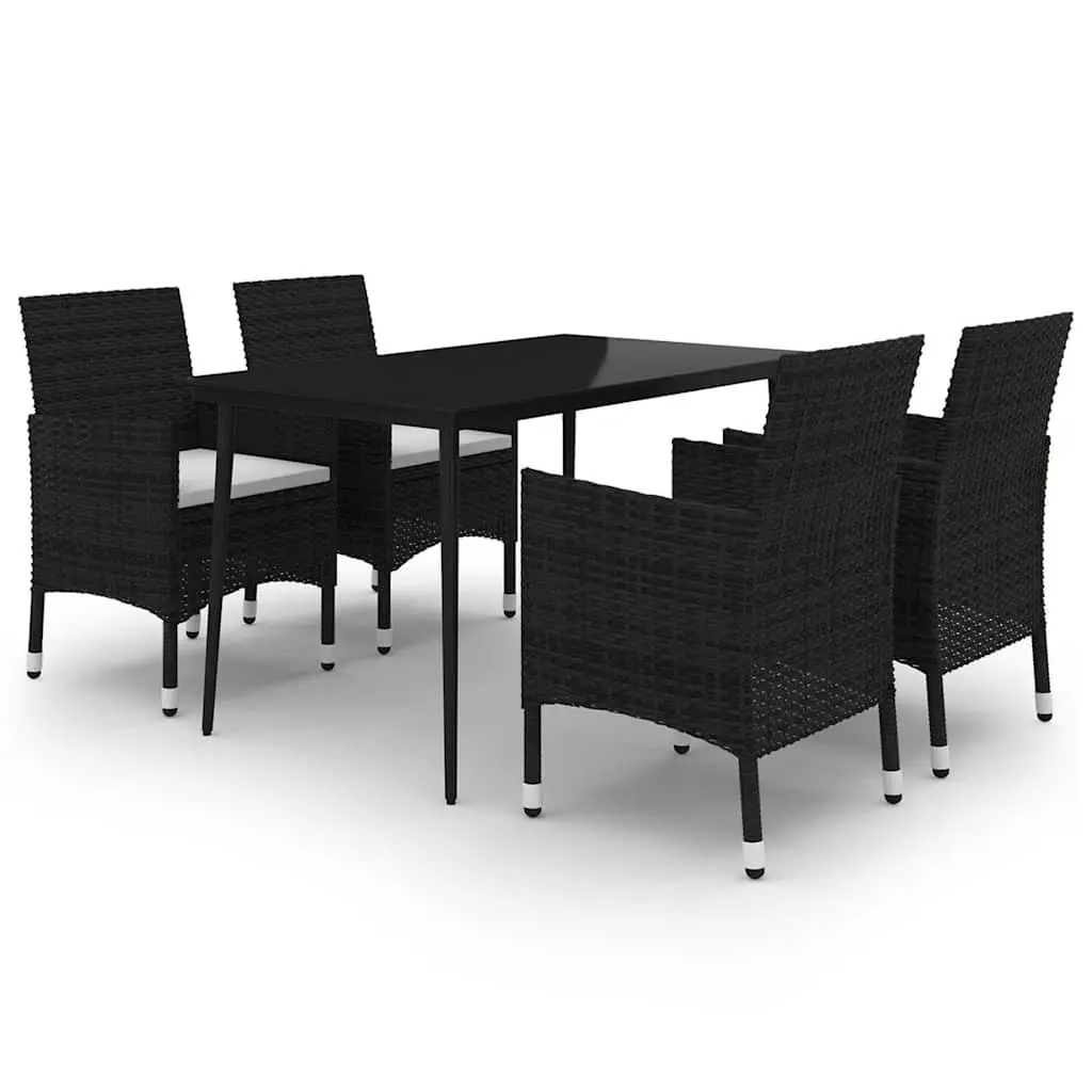 Garden Dining Set 5 Piece Outdoor Furniture PE Rattan Chairs Steel Frame Glass Top Black