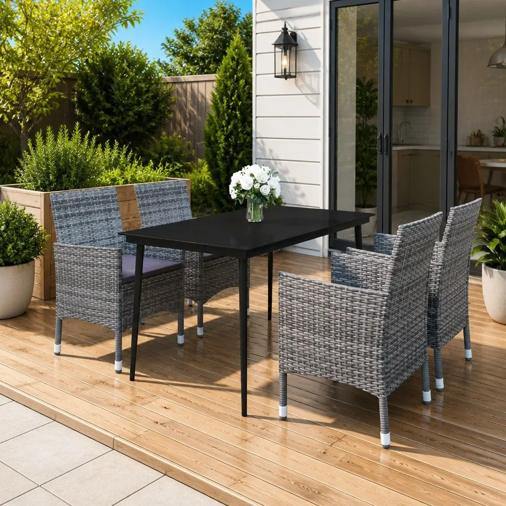 Garden Dining Set Poly Rattan Glass Table 5 Piece Grey Outdoor Furniture