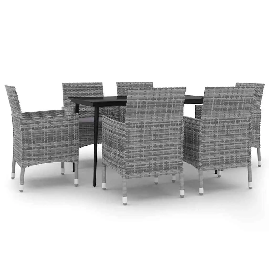 Garden Dining Set 7 Piece Outdoor Furniture Grey Poly Rattan Glass Table Chairs
